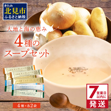 《7営業日以内に発送》大地と海の恵み北海道スープ 4種セット×2袋 計8袋セット ( スープ たまねぎ オニオン じゃがいも じゃがバタ こんぶ ほたて 帆立 野菜 小分け )【125-0116】