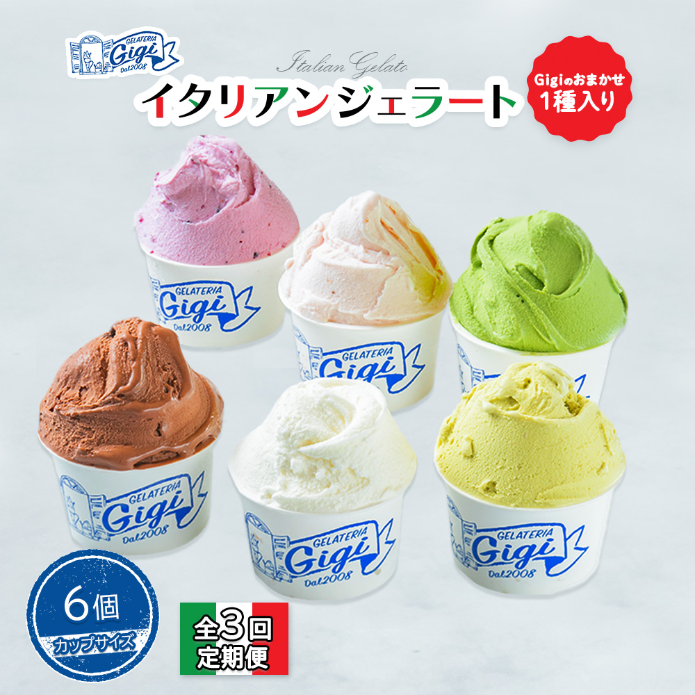 【定期便：全3回】ジェラテリアGigiのイタリアンジェラート６種(Gigiのおまかせ1種入り）【カップサイズ6個】 (牛乳、ピスタチオ、抹茶、チョコレート、ブルーベリーヨーグルト、Gelateria Gigiが選ぶおまかせジェラート)【43006802】