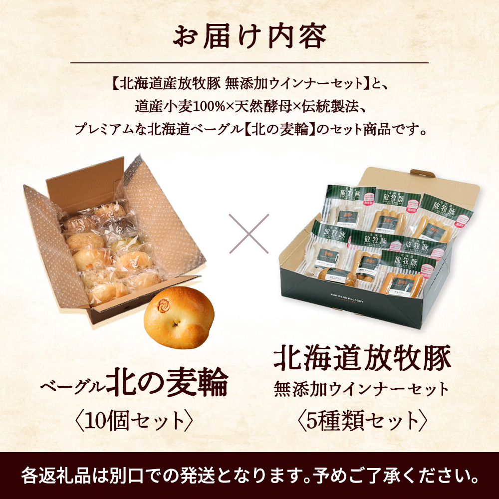 「北海道産放牧豚 無添加ウインナーセット」とトモヱベーグル「北の麦輪」10個セット【C9902901】