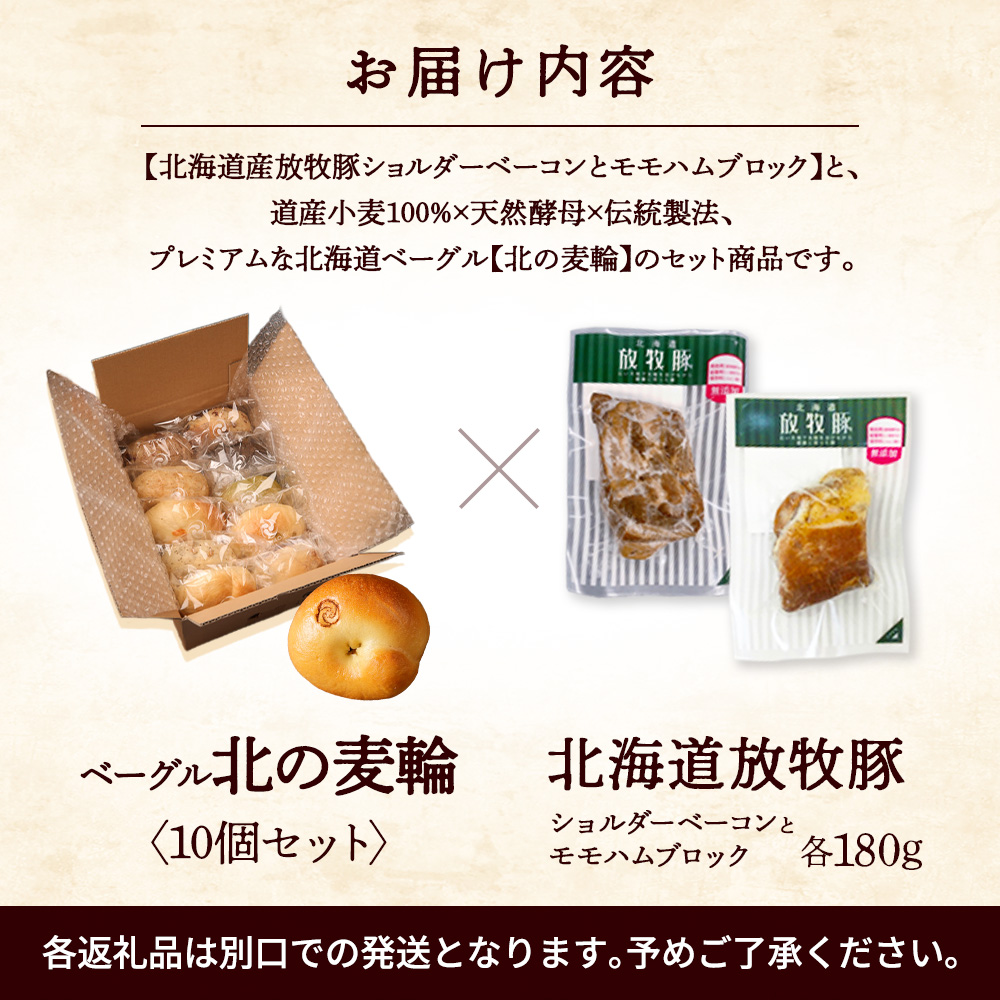 「北海道放牧豚ショルダーベーコンとモモハムブロック」とトモヱベーグル「北の麦輪」10個セット【C9903101】