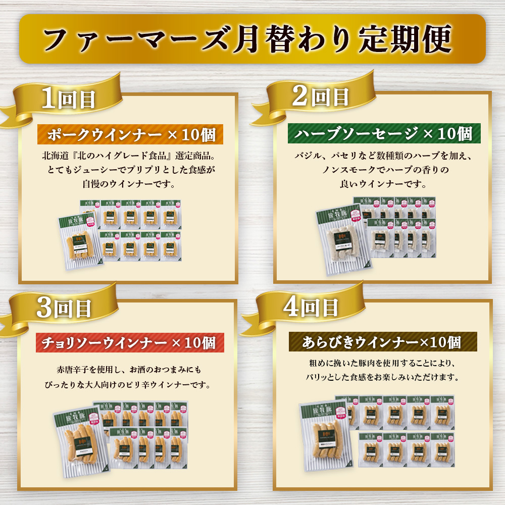 【定期便：4回】《毎月違うのが届く！》北海道産放牧豚 無添加ウインナー・ソーセージ定期便（4種各10個）【12010201】