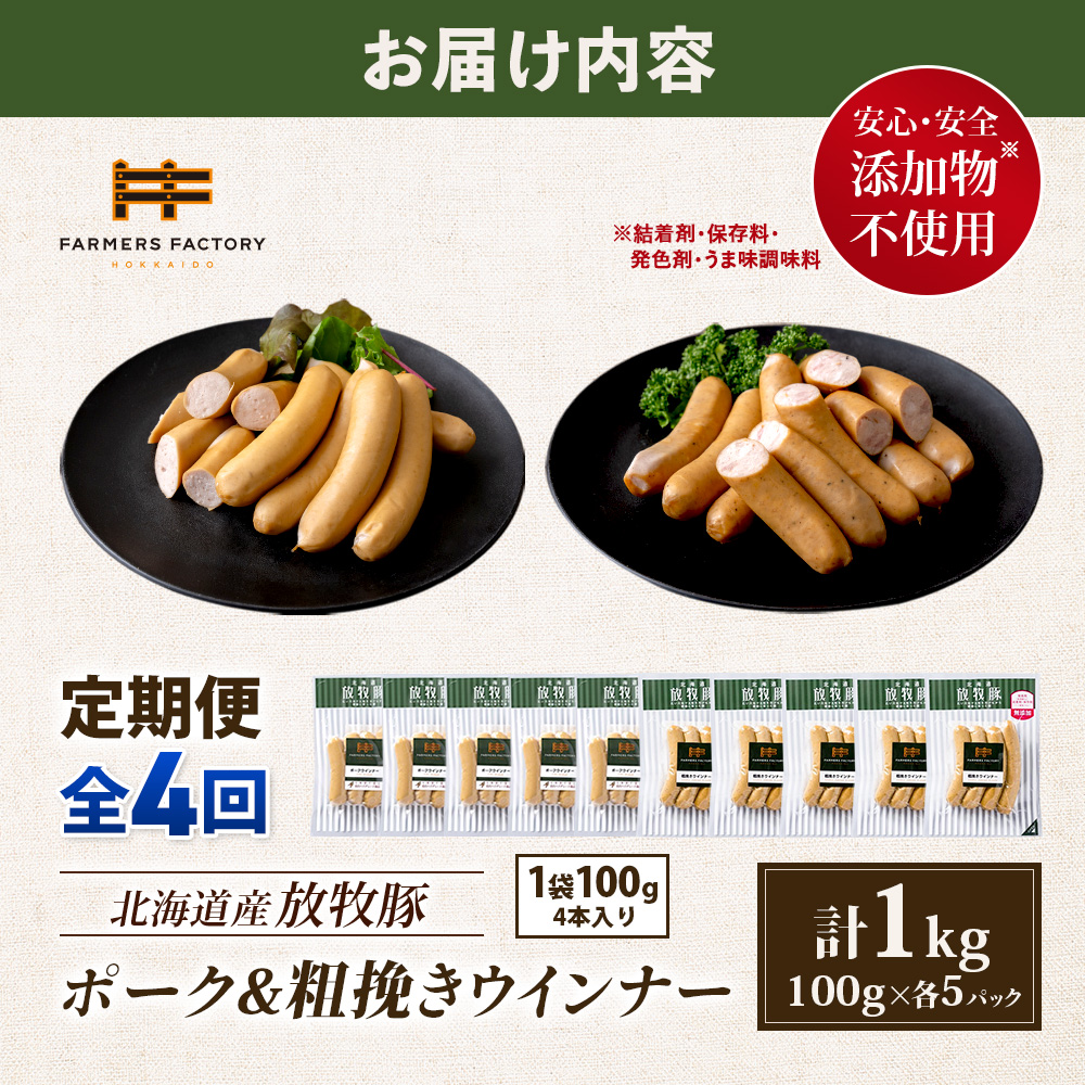 【定期便：4回】北海道産放牧豚 無添加ポークウインナー・粗挽きウインナー ×各5パック【12005801】