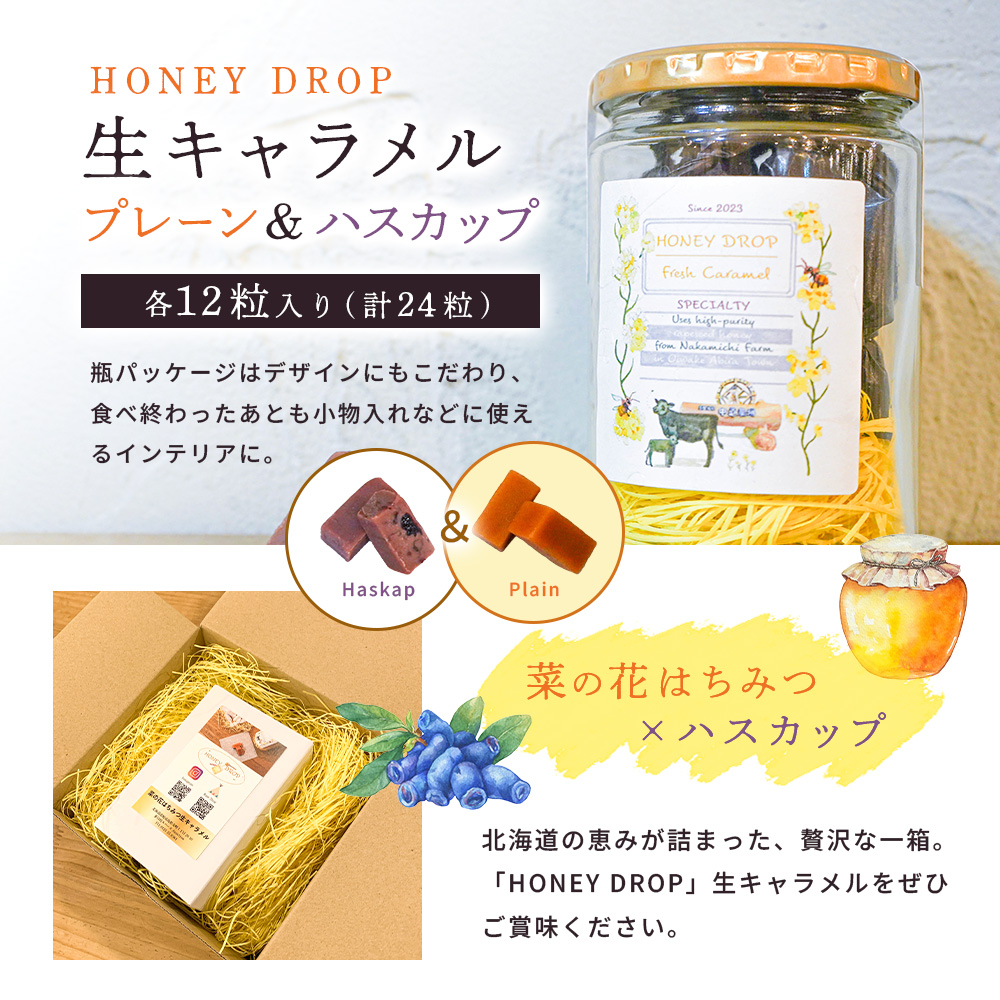 【HONEY DROP】菜の花はちみつ生キャラメル(プレーン・ハスカップ)2ダース（24粒入り）【75000301】