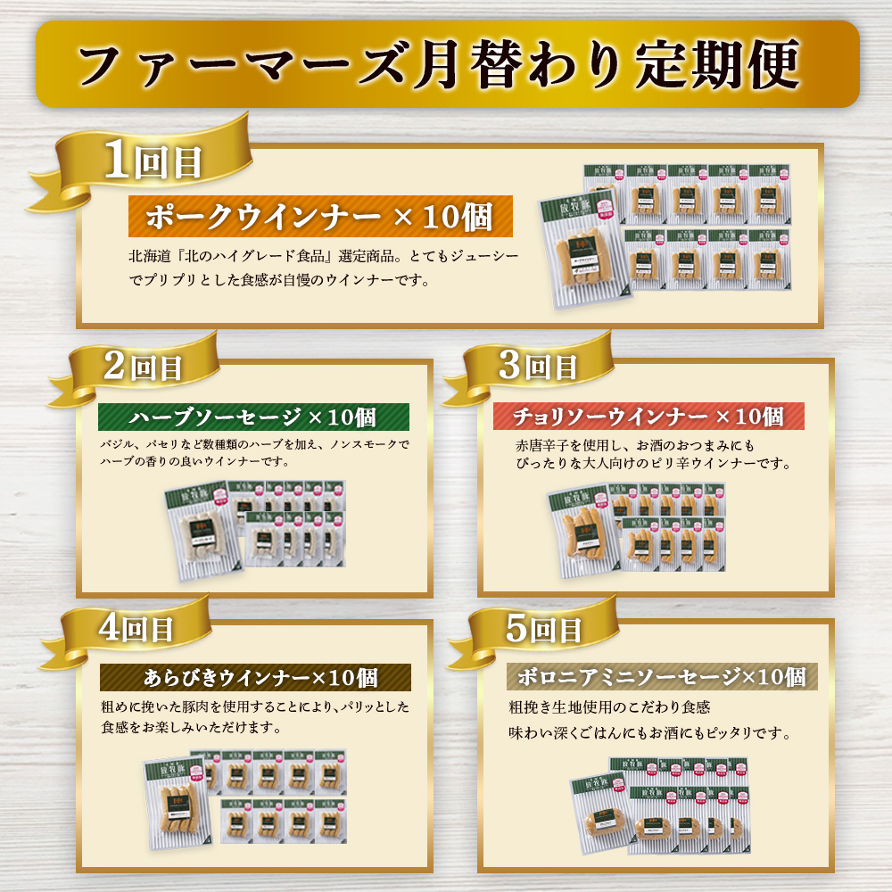 【定期便：5回】《毎月違うのが届く！》北海道産放牧豚 無添加ウインナー・ソーセージ定期便（5種各10個）【12010301】