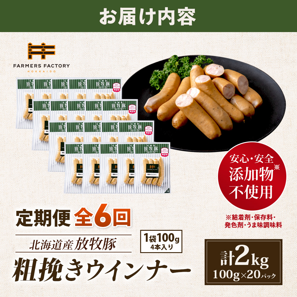 【定期便：6回】北海道産放牧豚 無添加粗挽きウインナー ×20パック【12008501】