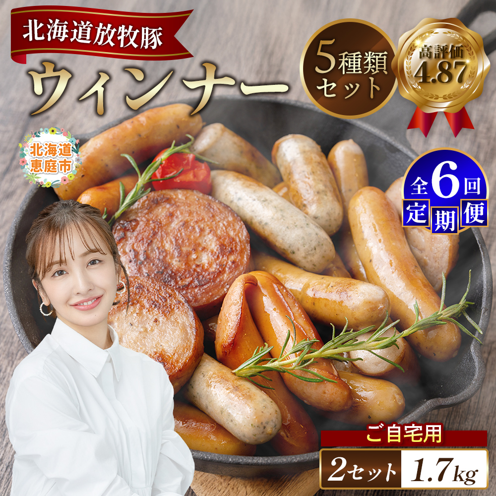 【定期便：6回】【ご自宅用】北海道産放牧豚 無添加ウインナーセット ×2セット【12003501】