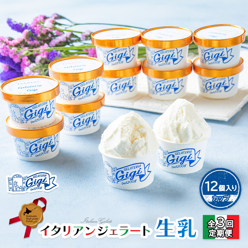 【定期便：全3回】『ジェラテリアGigiのイタリアンジェラート『生乳』【カップ12個入】【43003802】