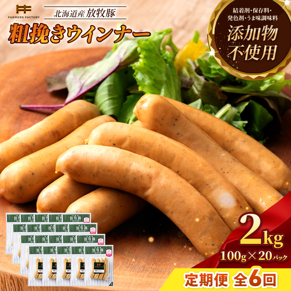 【定期便：6回】北海道産放牧豚 無添加粗挽きウインナー ×20パック【12008501】