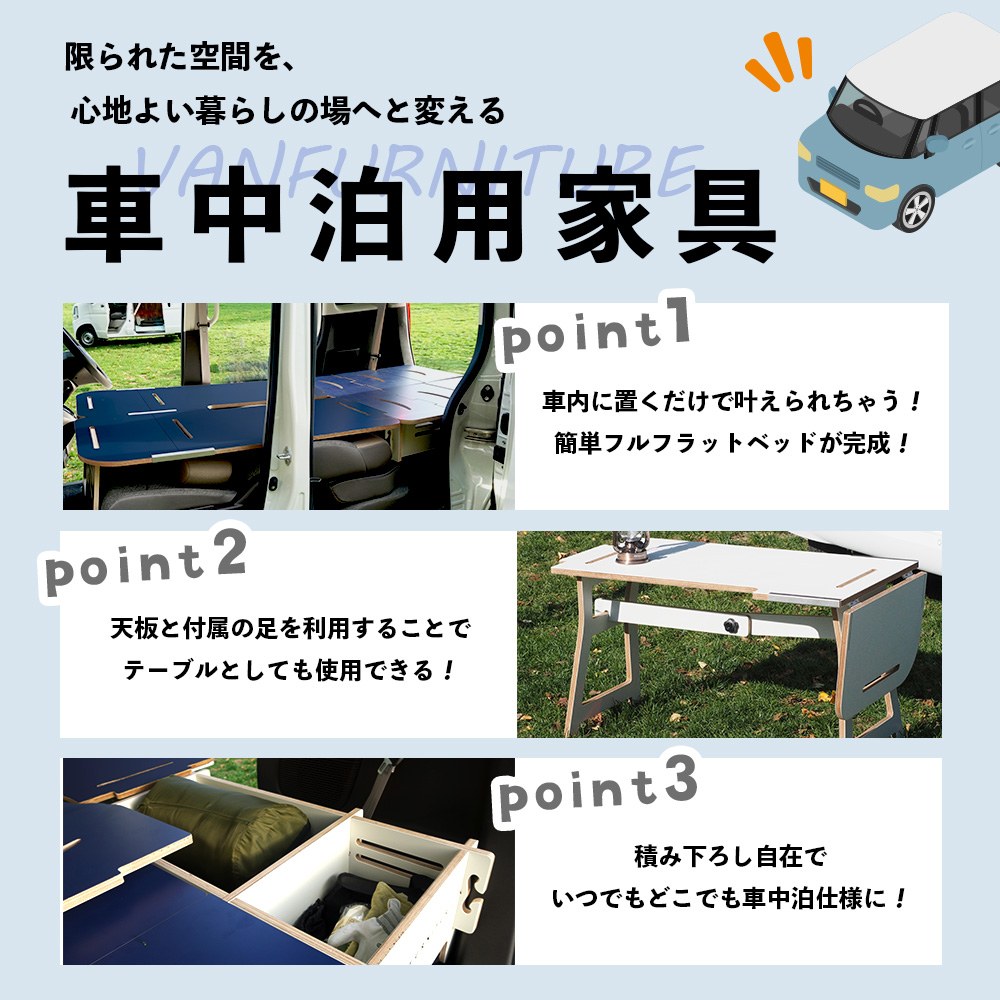 車中泊用家具（バンファニチャー）N-BOX専用　スタンダード　ダブル　フルセット（ブルー）【46001901】
