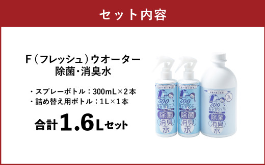 F（フレッシュ）ウオーター除菌・消臭水 スプレーボトル （300ml）×2本・詰め替え用ボトル1L 合計1.6Lセット 次亜塩素酸水 除菌 消臭 スプレー 感染対策