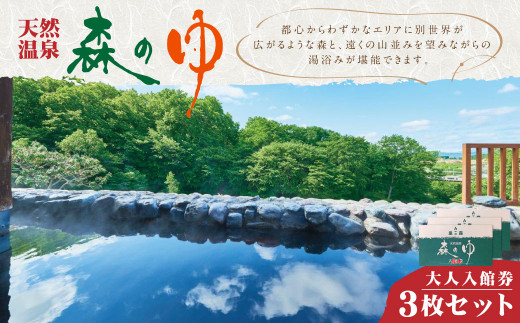 天然温泉 森のゆ 大人 入館券（入浴券×3枚セット）北海道北広島市 アルカリ性単純温泉 温泉チケット 利用券