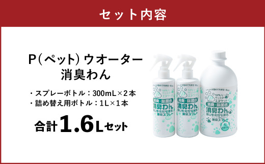 P（ペット）ウオーター消臭わん スプレーボトル （300ml）×2本・詰め替え用ボトル1L 合計1.6Lセット 次亜塩素酸水 ペット用 ペット 除菌 消臭 スプレー 感染対策