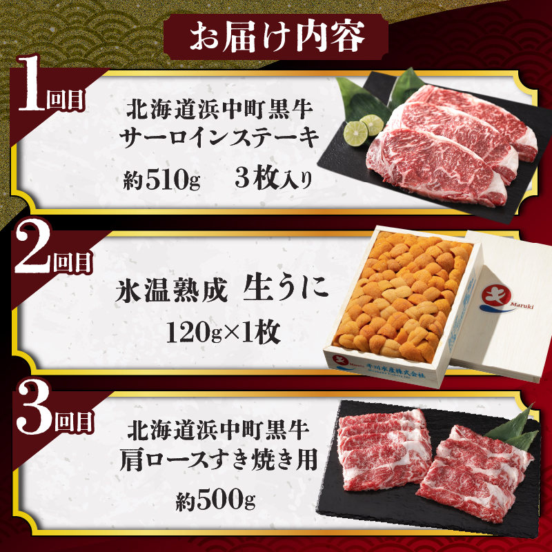 【全3回定期便（毎月お届け）】生うにを肉ではさんだ北海道浜中町定期便_H0100-100
