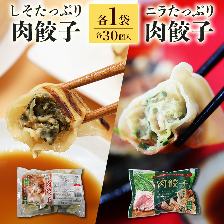 【数量限定】 ニラたっぷり肉餃子・しそたっぷり肉餃子 各1袋 ニラたっぷり肉餃子30個 しそたっぷり肉餃子30個 ぎょうざ ギョウザ 餃子 ニラ にら しそ シソ ローズポーク 豚肉 小美玉産 茨城県産 名産 冷凍 17-AP