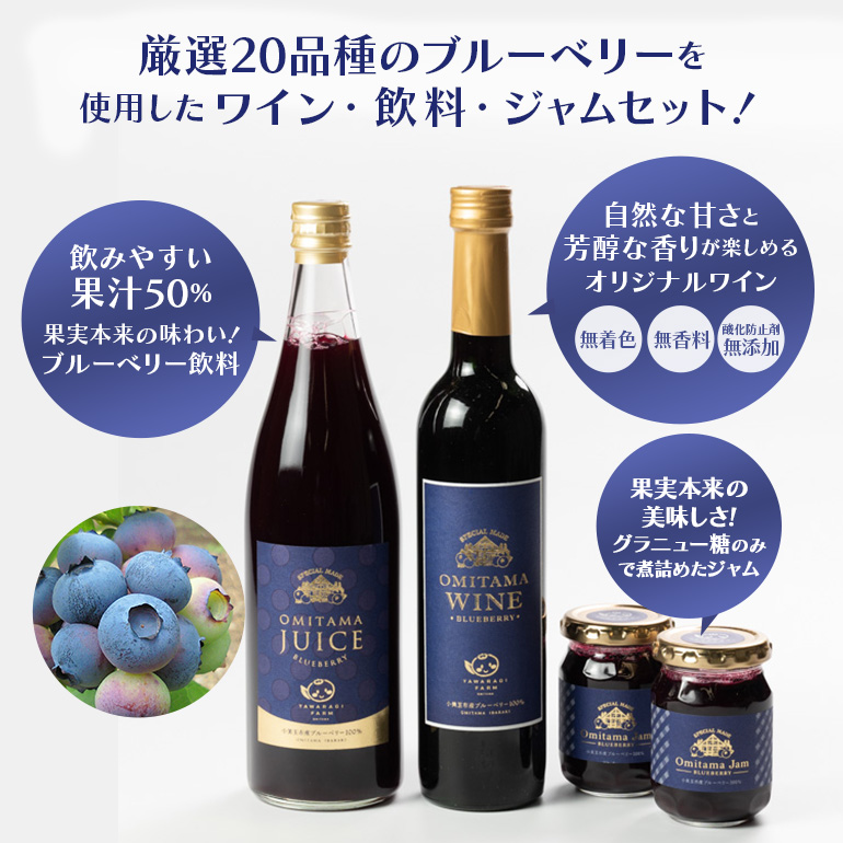 小美玉ブルーベリーワイン1本・果汁50％ブルーベリー飲料1本＆ブルーベリージャム2個セット ブルーベリー ワイン ブルーベリーワイン ジャム ブルーベリージャム フルーツ ビタミンE ドリンク 栄養 目にいい 美容 ギフト 贈り物 茨城県産 セット お酒 ９−Ｃ