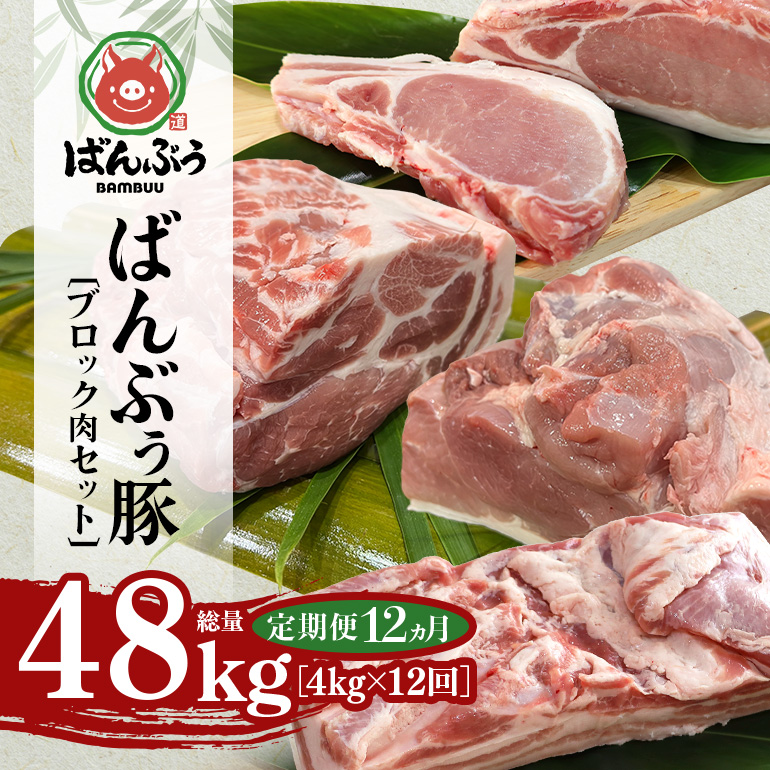 【定期便12ヶ月】ブランド豚「ばんぶぅ」ブロック肉セット（計4kg） 定期便 ばんぶぅ 豚肉 豚バラ肉 ブロック肉 しゃぶしゃぶ 焼き肉 ロース 豚バラ 肩ロース モモ ブロック 真空パック しゃぶしゃぶ肉 焼肉用 ぶた肉 ブタ肉 国産 茨城県産 ギフト プレゼント 冷蔵 高級部位 ブランド豚 42-CE