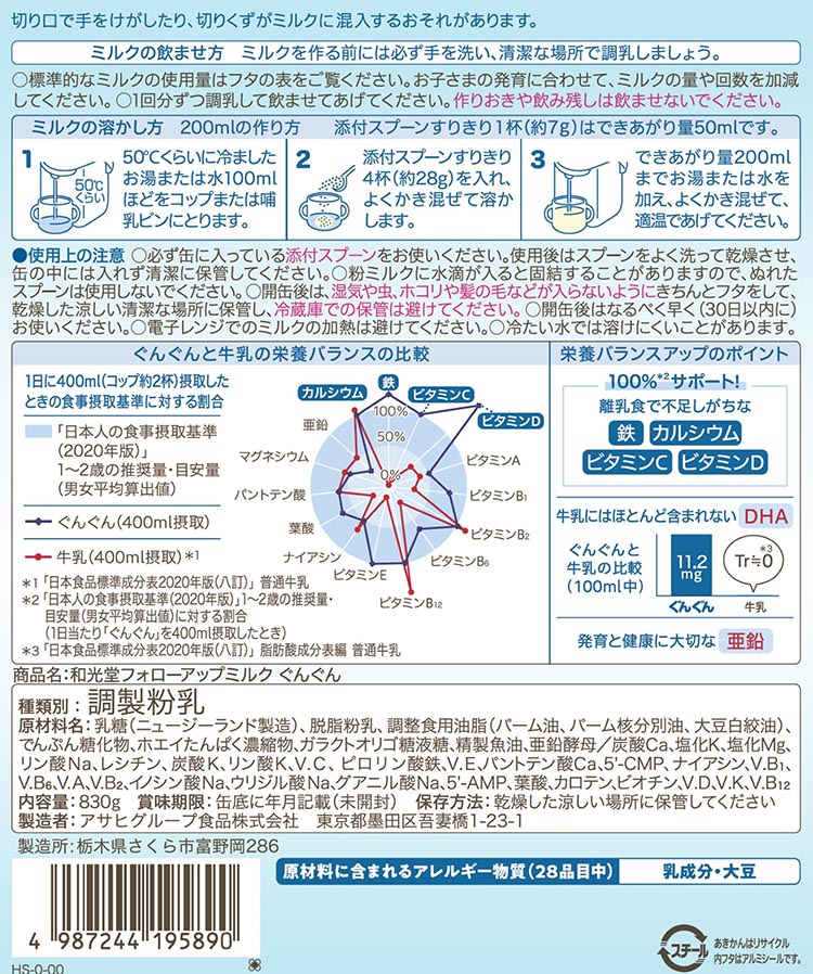 「和光堂フォローアップミルク ぐんぐん」 満9か月頃から3歳頃まで ベビーミルク 鉄・カルシウム・DHA配合 830g×2缶 ｜ 離乳食 赤ちゃん 栄養サポート