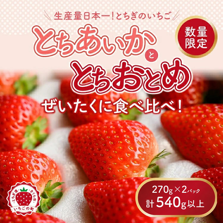 《数量限定》新旧2種食べ比べセット（とちおとめ、とちあいか） 270g×2パック（540g）｜いちご イチゴ 苺 先行予約 栃木県 果物 くだもの フルーツ とちおとめ とちあいか 新鮮 贈答 ギフト 食べ比べ ※2027年1月～発送