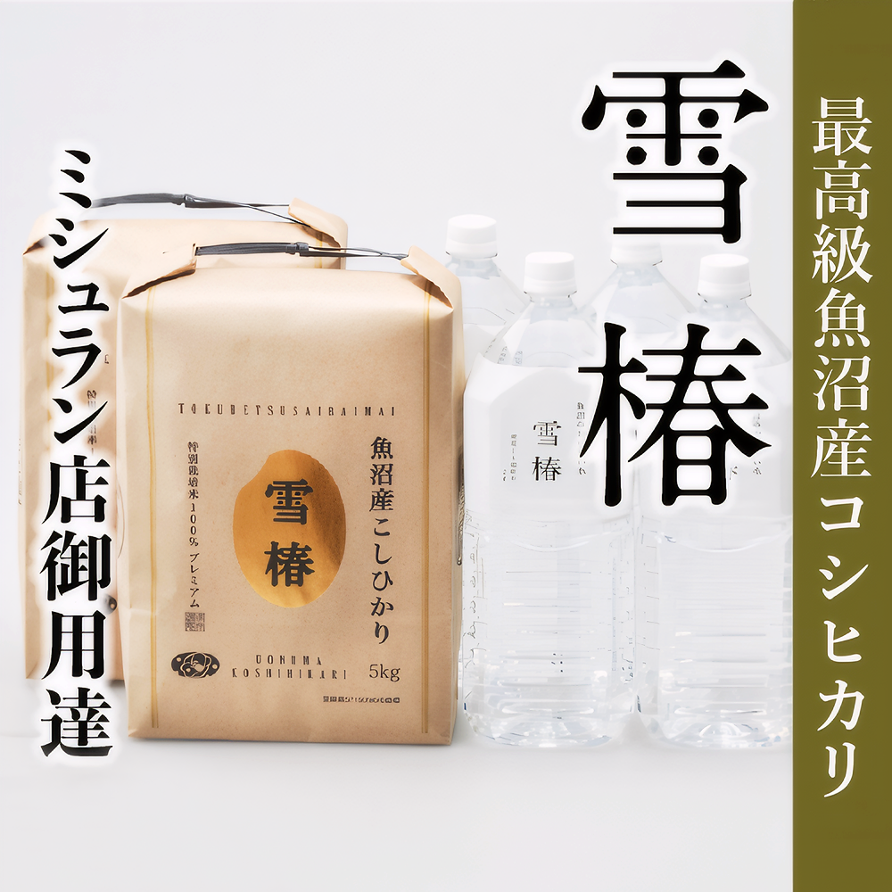 【至高の魚沼セット】【令和7年産】魚沼産コシヒカリ 雪椿 10kg (5kg × 2袋) ＋ 魚沼の天然水 雪椿 8L (2L× 4本) | 米 お米 新潟 魚沼 魚沼産こしひかり コメ おこめ 白米 精米 最高級 セット 新潟県 津南町 越後雪椿産業株式会社