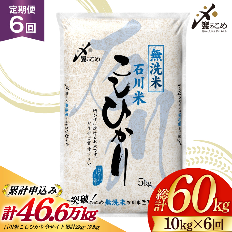 米 定期便 無洗米 石川米 こしひかり 10kg ( 5kg 2袋) 6回 総計60kg 令和8年産 新米 [中橋商事株式会社 石川県 宝達志水町 38601401] お米 白米 ごはん 美味しい コシヒカリ おこめ こめ 10kg 60kg 石川 能登 むせんまい