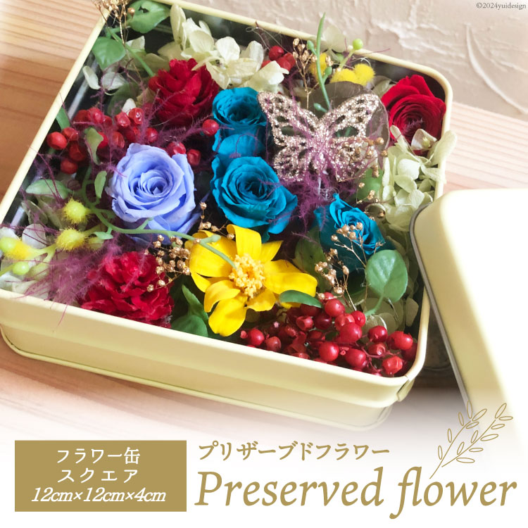 プリザーブドフラワー 花 フラワー缶スクエア 12cm×12cm×4cm [littleprincess 石川県 宝達志水町 38600808] 手土産 インテリア 観賞用 小物 お花 花束 長持ち 仏花