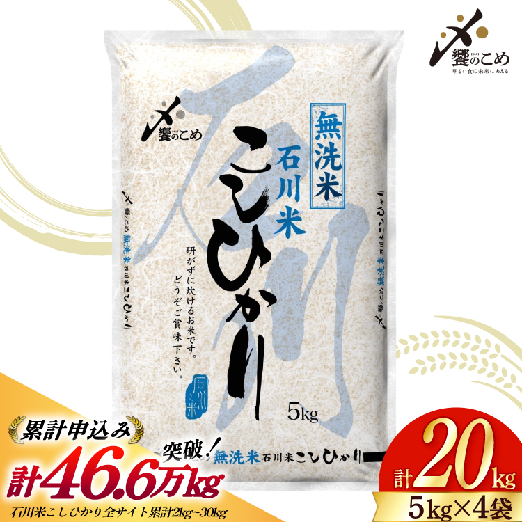 米 令和8年 無洗米 こしひかり 精米 5kg 4袋 計 20kg [中橋商事株式会社 石川県 宝達志水町 38601425] お米 こめ コメ 令和8年産 コシヒカリ 白米 ごはん ご飯 5キロ 20キロ 時短 むせんまい 能登 石川