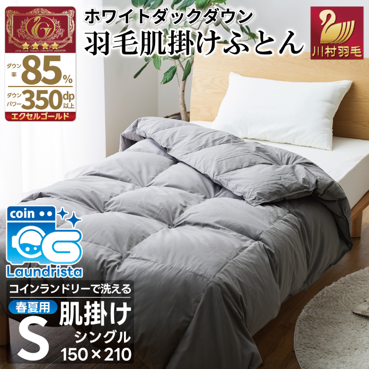 【春夏用】洗える！ 羽毛 肌掛け布団 シングル ホワイトダックダウン 85% 0.3kg (無地 グレー) 羽毛布団 布団 ふとん 羽毛 肌掛け 掛け布団 寝具 夏用 日本製 国産 抗菌防臭 無地 コインランドリー [川村羽毛 山梨県 韮崎市 20745100]