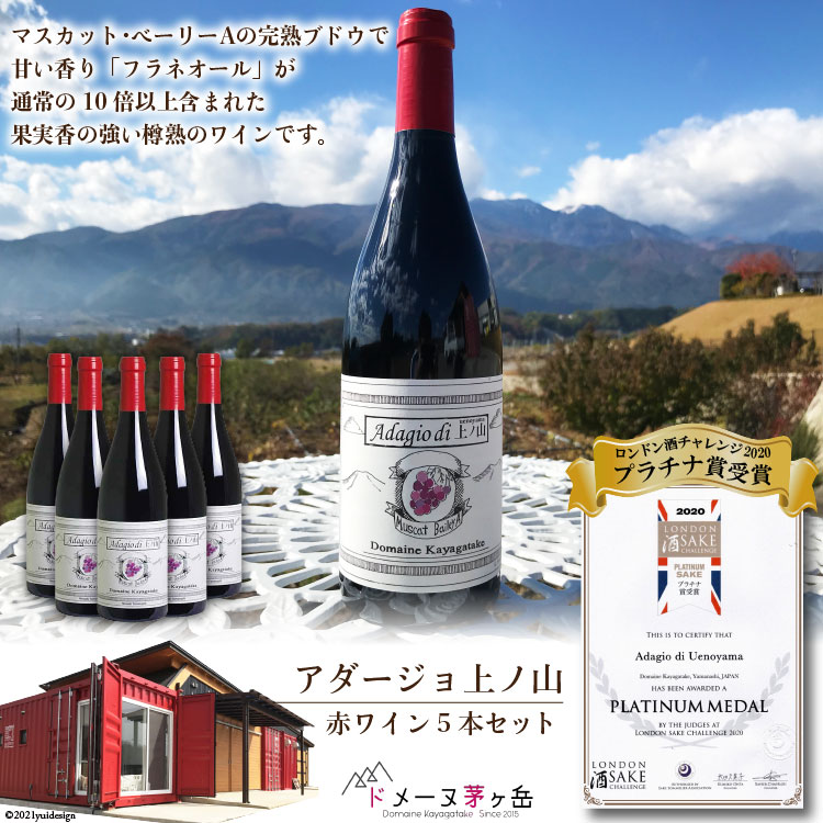 ワイン 赤 ミディアムボディ 「アダージョ上ノ山」赤ワイン 750ml 5本 計 3750ml ワインセット 山梨ワイン 日本ワイン  フラネオール 10倍 ロンドン酒チャレンジ2020プラチナ賞 国産 わいん wine 酒 お酒 洋酒 果実酒 アルコール度 12.5％  樽熟成 濃厚 完熟 マスカット・ベーリーＡ [ドメーヌ茅ケ岳 山梨県 韮崎市 8501248] 