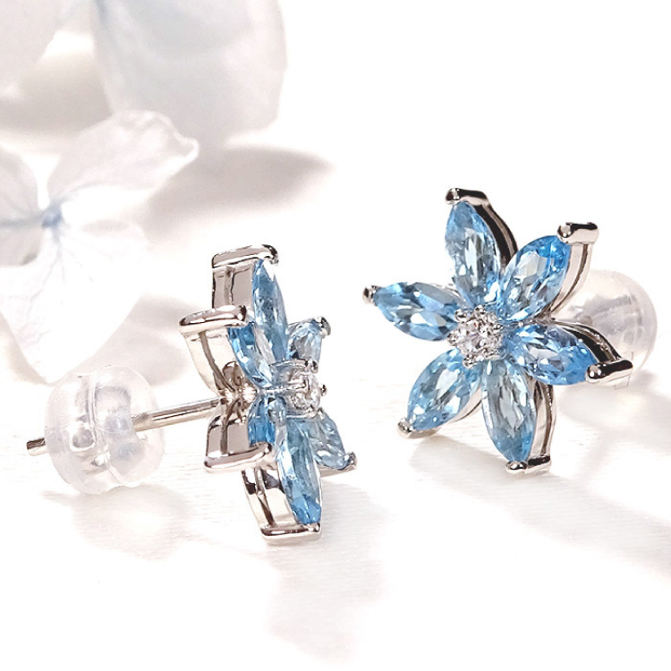 ピアス プラチナ PT900 ブルートパーズ マーキス 花 ダイヤモンド 0.06ct 【 f306-bt-pt 】 [オーダーメイドジュエリーメイ 山梨県 韮崎市 20745627] スタッドピアス 大人ジュエリー フラワーモチーフ カラーストーン 誕生石 Wロックキャッチ付き ジュエリー