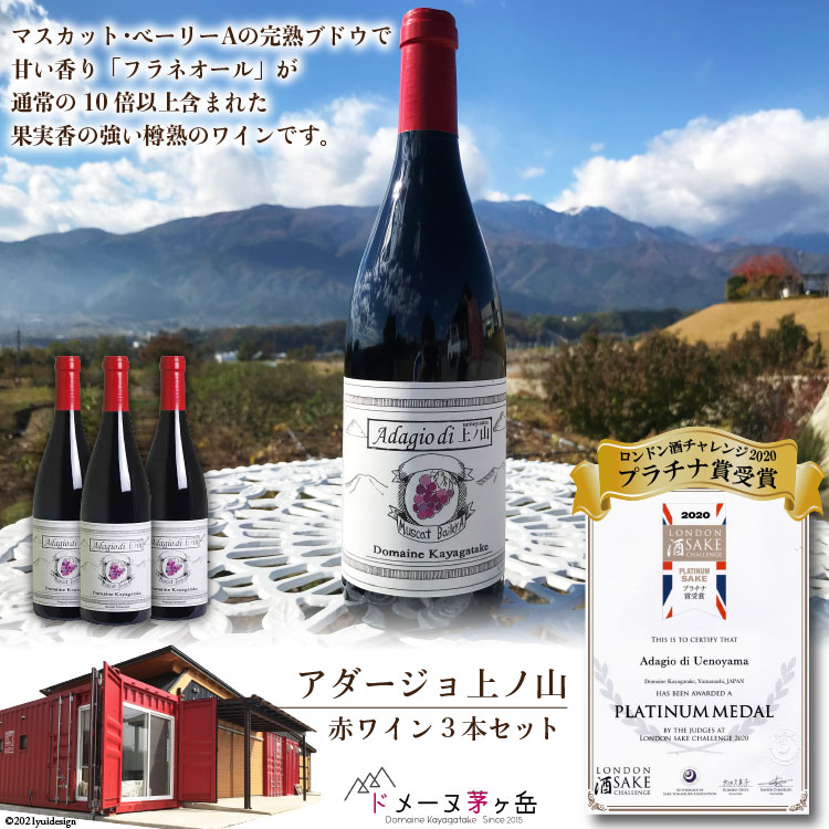 ワイン 赤 ミディアムボディ「アダージョ上ノ山」赤ワイン 750ml 3本 計 2250ml 山梨ワイン 日本ワイン フラネオール 10倍 ロンドン酒チャレンジ2020 プラチナ賞受賞 国産 わいん wine 酒 お酒 洋酒 果実酒 アルコール度 12.5％  樽熟成 濃厚 完熟 マスカット・ベーリーＡ [ドメーヌ茅ヶ岳 山梨県 韮崎市  20743377]