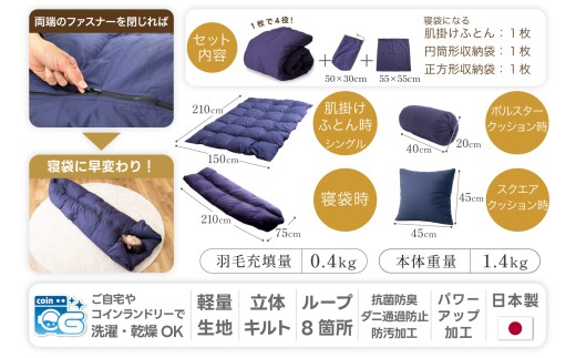 【寝袋 にもなる 4way!】 洗える 羽毛布団 掛け布団 肌掛け シングル アウトドア ダック93％ ネイビー 寝袋 羽毛 布団 ふとん 車中泊 キャンプ 防災 ダウンシュラフ クッション 抗菌 防臭 防汚 3way [川村羽毛 山梨県 韮崎市 20743476]
