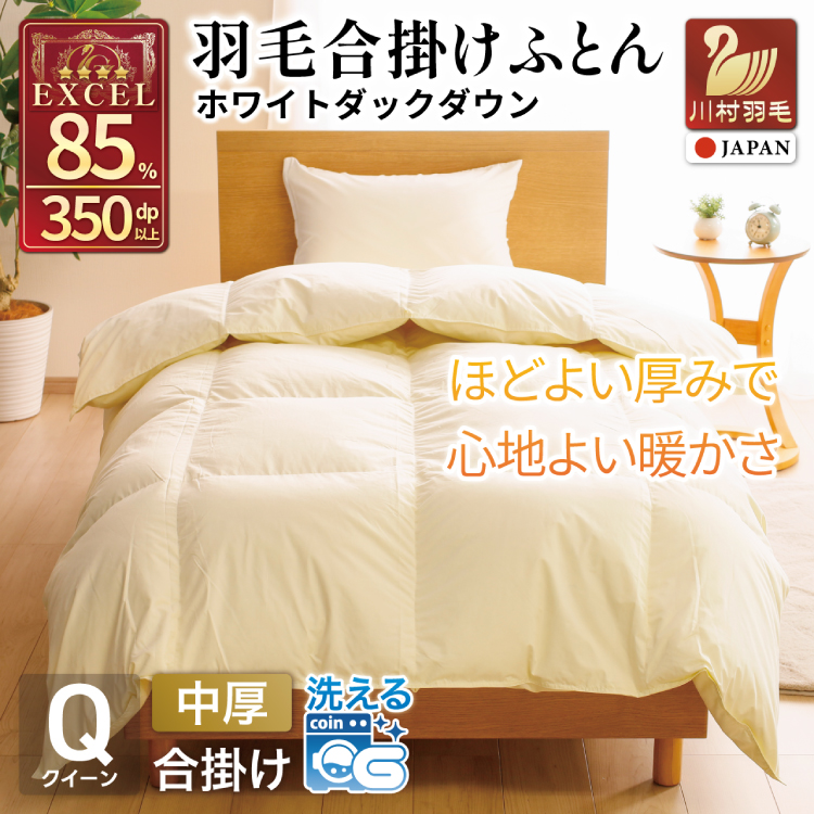 【春秋用】 洗える 羽毛布団 合掛け クイーン ホワイトダックダウン85% 1.4kg 無地 アイボリー 中厚 春用 秋用 [川村羽毛 山梨県 韮崎市 20745420] 合い掛け 軽い羽毛 布団 コインランドリー 掛け布団 ダウンかけ布団 ふとん 羽毛ふとん 合掛け布団 エクセルゴールドラベル