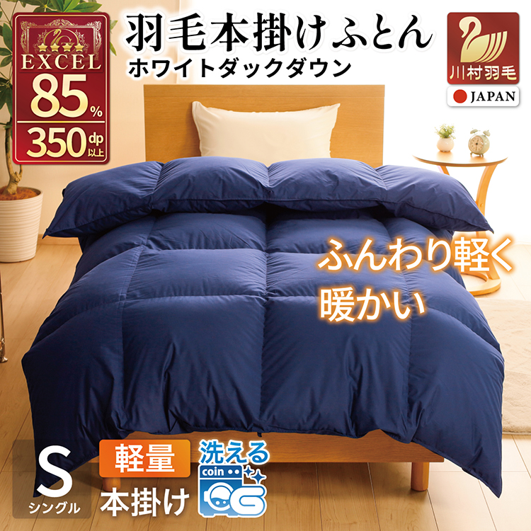 【冬用】洗える 羽毛布団 本掛け 軽量 シングル ホワイトダックダウン85% 1.0kg 無地 ネイビー 冬用 [川村羽毛 山梨県 韮崎市 20745436] マンションタイプ 軽い コインランドリー  掛け布団 ダウンかけ布団 ふとん 羽毛ふとん 本掛け布団 4つ星 エクセルゴールドラベル