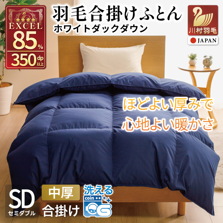 【春秋用】 洗える 羽毛布団 合掛け セミダブル ホワイトダックダウン85％ 1.0kg 無地 ネイビー 中厚 春用 秋用 [川村羽毛 山梨県 韮崎市 20745415] 合い掛け 軽い羽毛 布団 コインランドリー 掛け布団 ダウンかけ布団 ふとん 羽毛ふとん 合掛け布団 エクセルゴールドラベル
