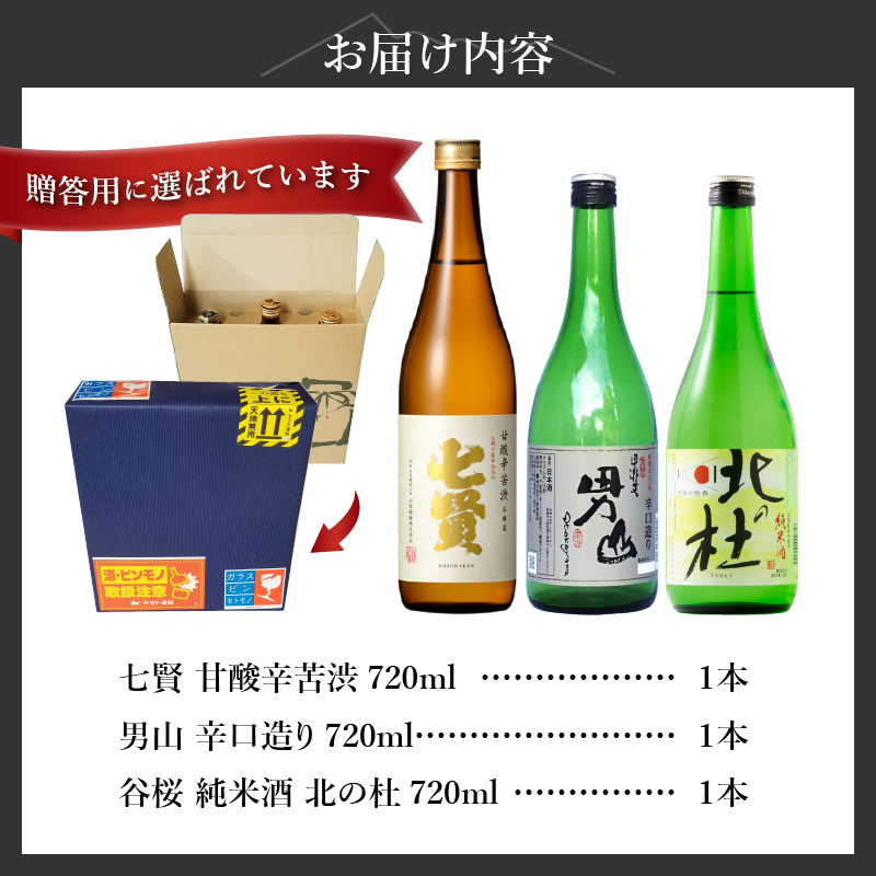 北杜の酒蔵 地酒3本セット(720ml×3)－名水で醸された地酒の数々－　地酒 日本酒 飲み比べ 720m×3本セット 七賢 甘酸辛苦渋 谷桜 純米酒 北の杜 男山 辛口造り 酒 セット 北杜の酒蔵 プレゼント ギフト 贈り物 贈答 家飲み 山梨県 北杜市 人気 クリスマス 正月 母の日 父の日
