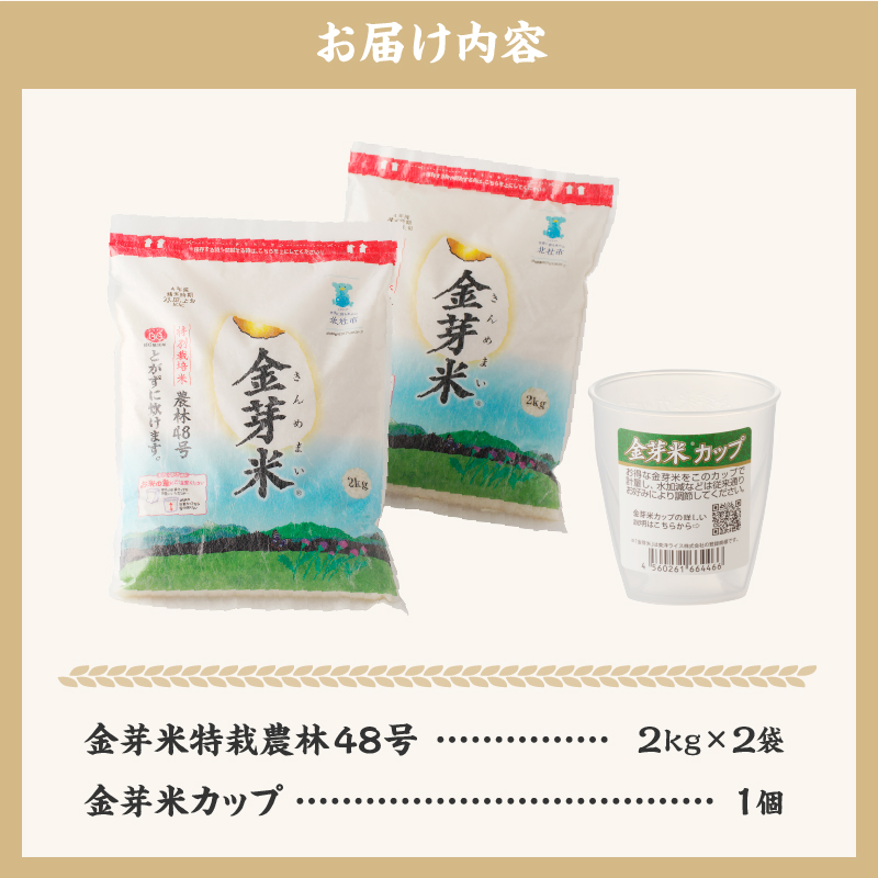 【令和7年度産米】金芽米特別栽培米農林48号 4kg(2kg×2) 　米 無洗米 BG無洗米 小分け 2kg×2袋 お米 ごはん 国産 ブランド米 健康食品 専用計量カップ付き 山梨県 北杜市産