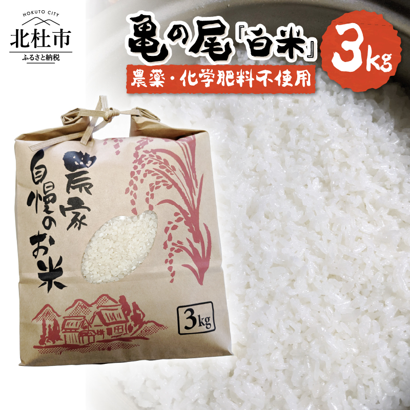 【先行予約】【令和8年度新米】白州米 亀の尾『白米』3kg　農薬不使用 化学肥料不使用 天日干し 幻の米 希少 低タンパク 甲斐駒の恵み