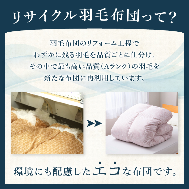 【訳あり】 リサイクル羽毛掛布団 白州洗いのリサイクル羽毛ダウン90％使用 羽毛量1.24kg 掛けシングルサイズ　冬掛け シングル 150cm×210cm 数量限定 ダウン90％ 立体キルト 日本製 白州洗い リサイクル羽毛ダウン