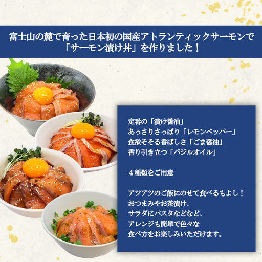 小山町産アトランティックサーモン 冷凍 サーモン漬け丼　食べ比べセット（4つの味×2P） | サーモン 小分け 真空パック 詰合せ 刺身 海鮮丼 海鮮 魚介 サーモン丼 国産 鮭 養殖 大容量 静岡県 小山町