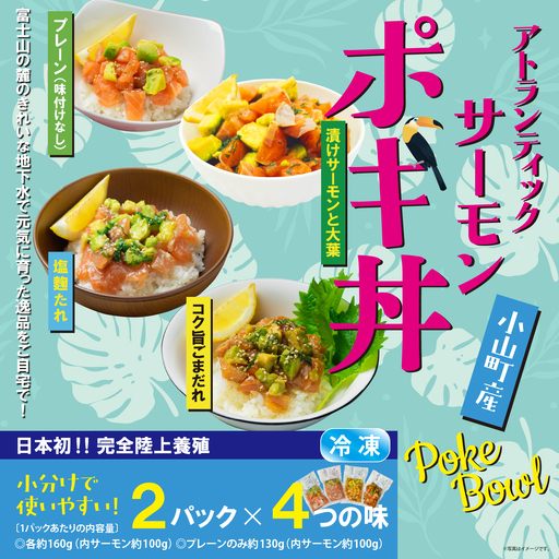 日本初 完全陸上養殖 静岡県小山町産 アトランティックサーモン 冷凍 ポキ丼（ 食べ比べ セット 約160g / 約130g × 2パック × 4つの味 ） | サーモン 小分け 真空パック 刺身 海鮮丼 海鮮 魚介 アボカド サーモン丼 国産 鮭 養殖 静岡県 小山町