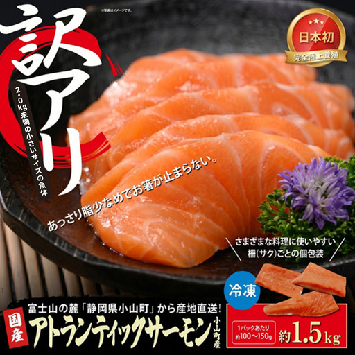 【訳アリ】小山町産 アトランティックサーモン 約1.5kg（柵）魚体2.0kg未満 | サーモン 刺身 海鮮丼 小分け 真空パック 鮭 養殖 国産 訳あり 切り身 静岡県 小山町