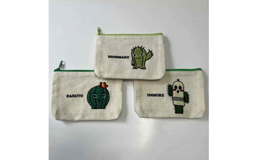春日井サボテンキャラクターのサガラ刺繍ポーチ３種セット