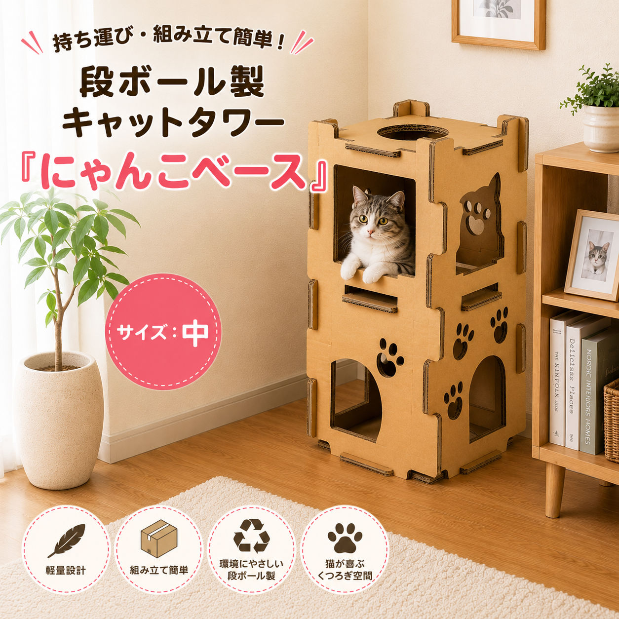 持ち運び・組み立て簡単！段ボール製キャットタワー『にゃんこベース』サイズ：中