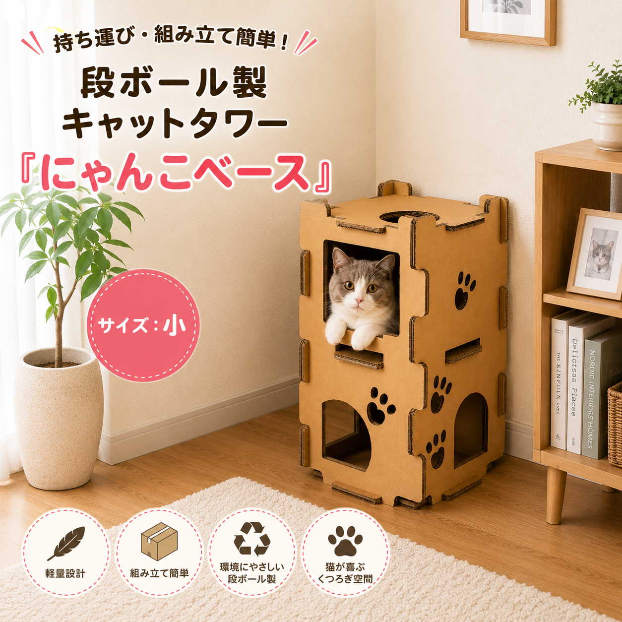 持ち運び・組み立て簡単！段ボール製キャットタワー『にゃんこベース』サイズ：小