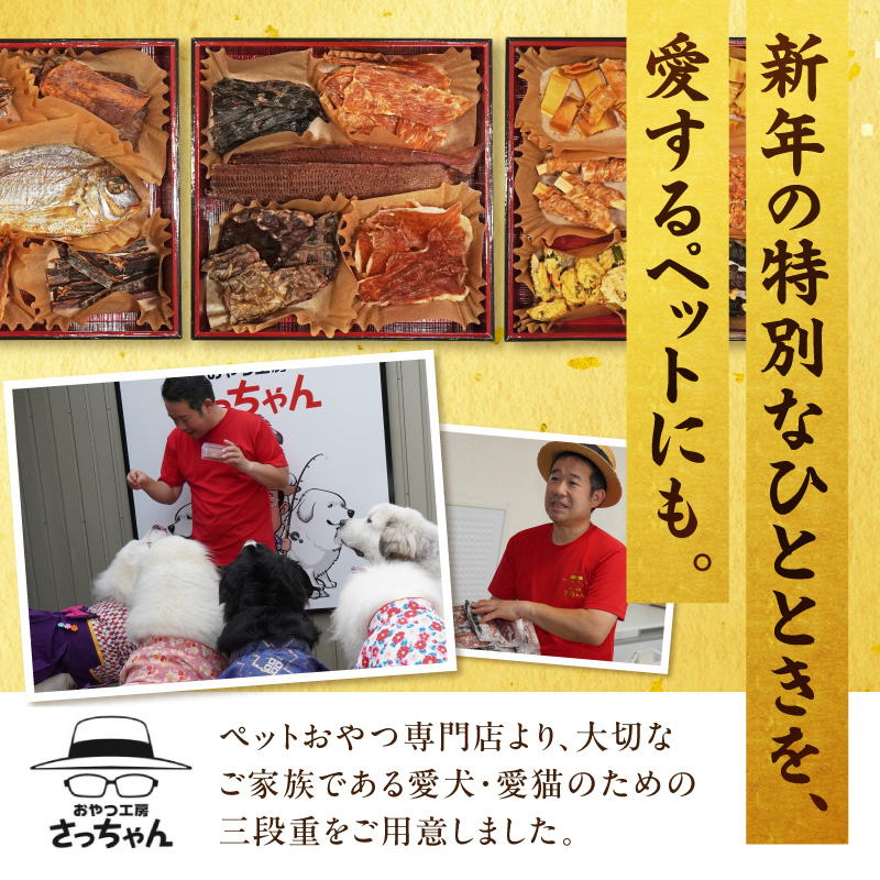 【厳選素材】犬猫用おせち 無添加食材の豪華三段重 全16品（小：6.5寸） お魚 お肉 オードブル お重付き［143O30］