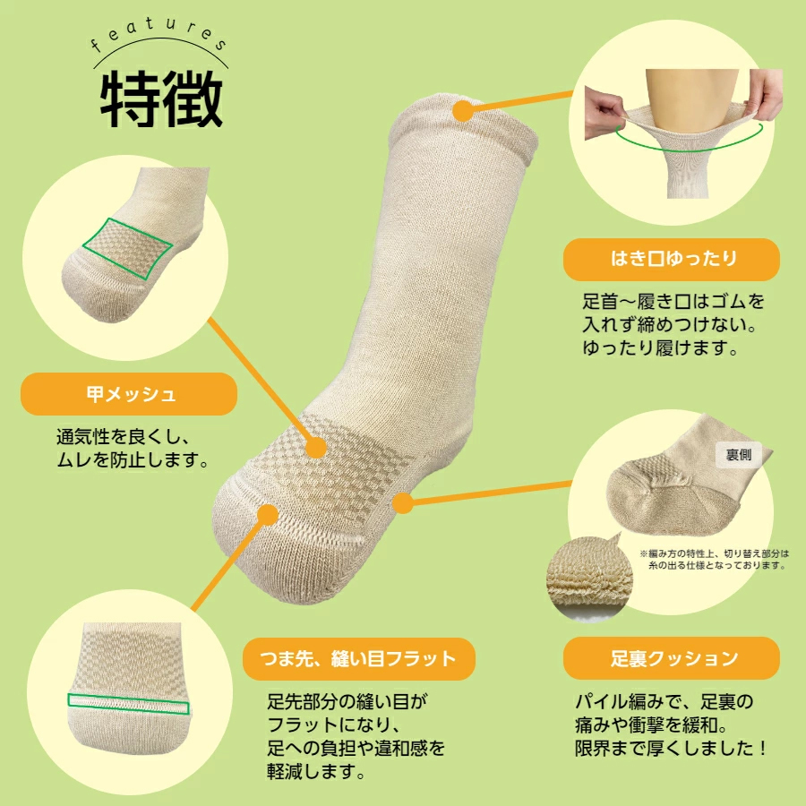 糖尿病用靴下「らくした切断用２枚入」　カラー：ベージュ