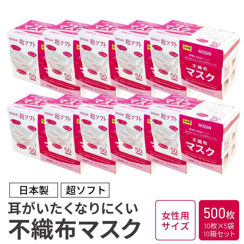 超ソフト 耳がいたくなりにくい不織布マスク（日本製） 500枚入（50枚入（10枚×5袋）10箱セット）【女性用サイズ】