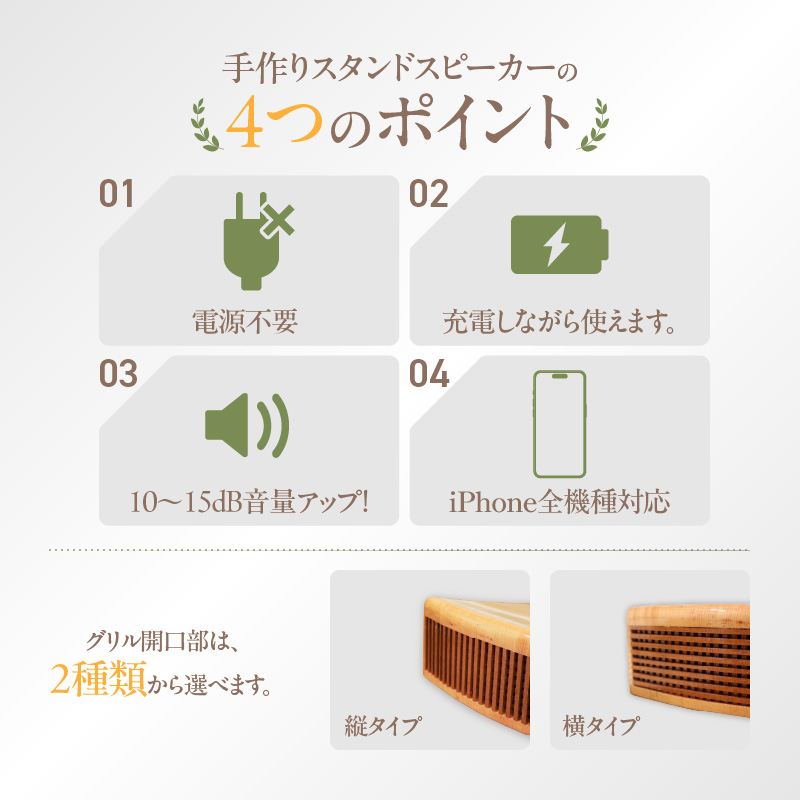 木製iPhoneスタンドスピーカー (グリル開口部:縦タイプ)