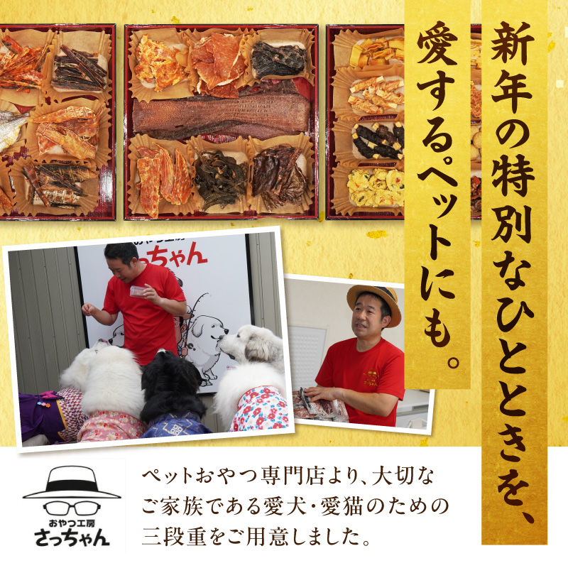 【厳選素材】犬猫用おせち 無添加食材の豪華三段重 全22品（大：8.5寸） お魚 お肉 オードブル お重付き［143O31］