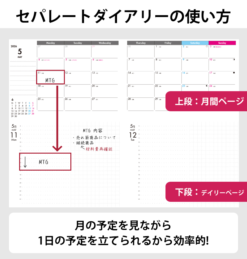 セパレートダイアリー　デイリー＆マンスリーA5　ラウンドカバー付き「4月始まり／ホワイトベージュ」